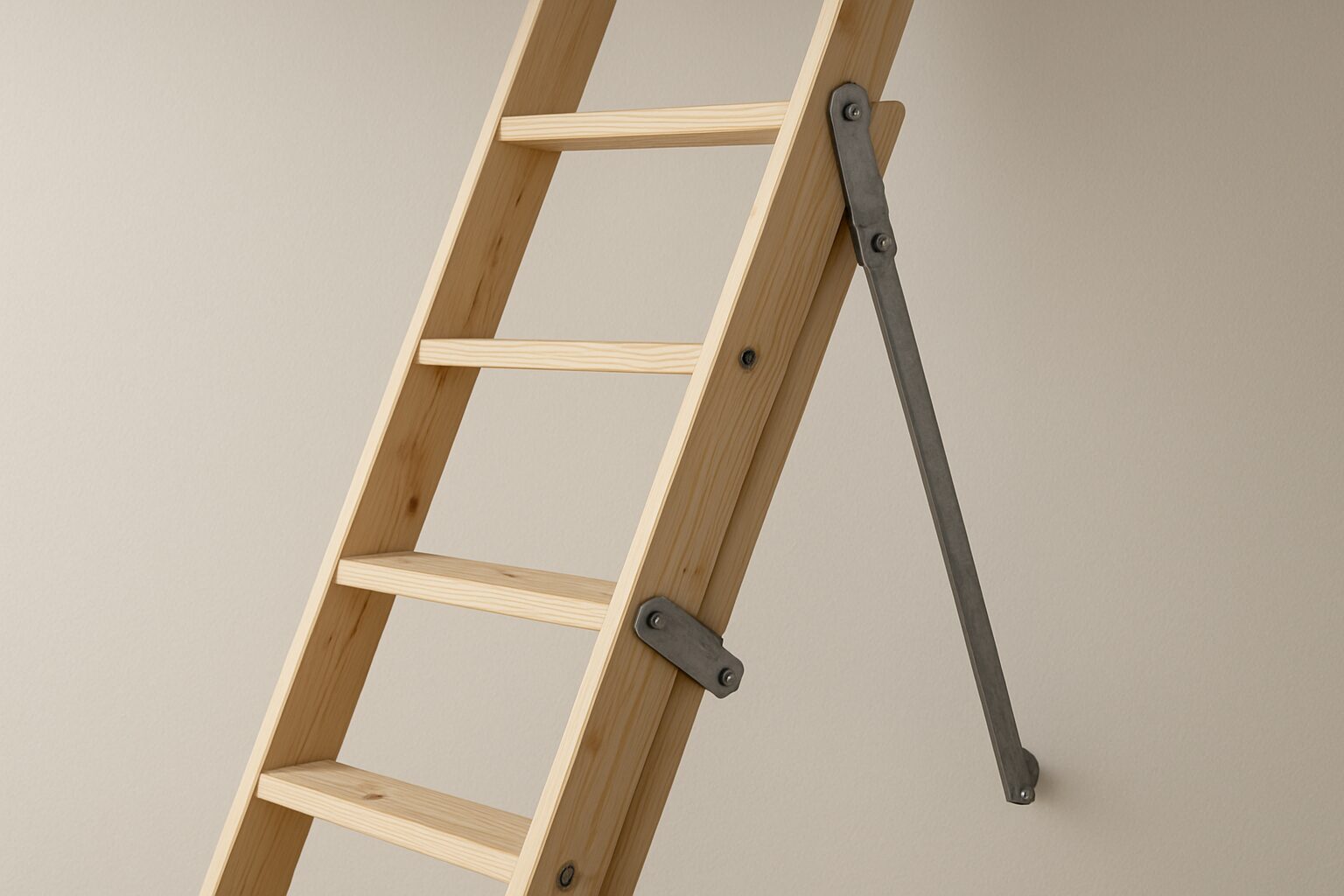 A wooden loft ladder leaning against a plain wall, showcasing its sleek design and craftsmanship.